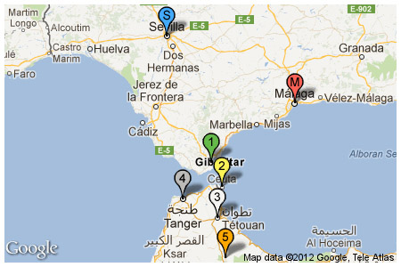 Plan von der Tour von Málaga, Torremolinos, Benalmádena, Calahonda, Marbella, San Pedro, Estepona, Jerez, Sevilla und Algeciras nach Nordmarokko